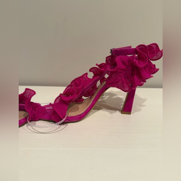 Gianni Bini Women's Franz Suede Chiffon Pink Ruffle Heel Sandals - Picture 3 of 8